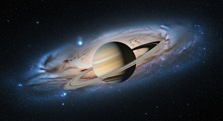 Saturn Planet with Rings Against a Galaxy Background Space View