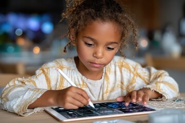 A young girl with curly hair focused on creating digital art using a tablet, symbolizing creativity, modern technology, and the intersection of youth and innovation.