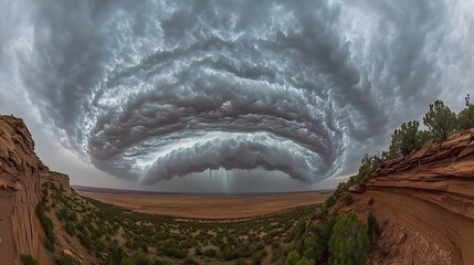 Dramatic storm clouds over a vast desert landscape.