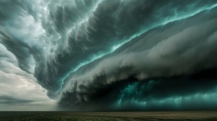Massive storm clouds gather over a flat landscape.