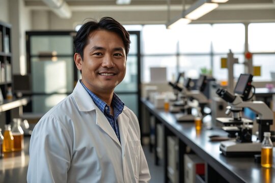 Beaming Asian Male Scientist in His 40s in a Brewery Quality Control Laboratory