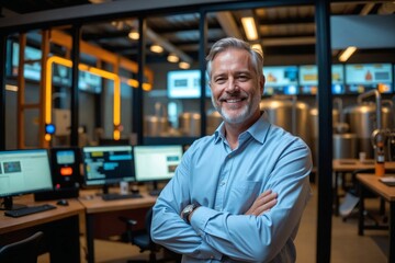 Fototapeta premium Confident Caucasian Male Engineer in His 40s in an Industrial Control Room with Glowing Screens