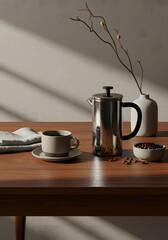 Coffee Setup French Press, Cup, Saucer, Beans, Vase with Branches, Wooden Table, Natural Light.