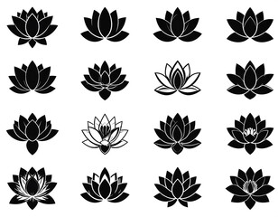 Fototapeta premium Collection of black lotus flower silhouettes