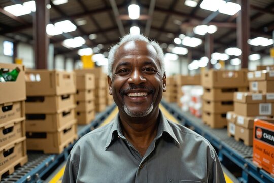 Warmly Smiling Senior Black Man in His 60s Working in a Beverage Packaging Area