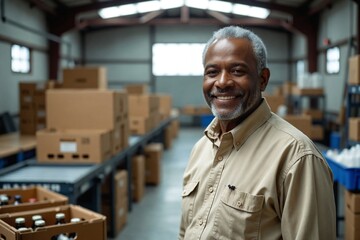 Obraz premium Experienced Senior Black Man in His 50s Smiling in a Beverage Packaging and Bottling Area