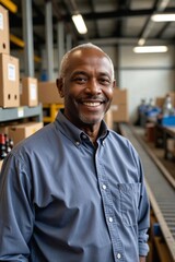 Fototapeta premium Experienced Senior Black Man in His 50s Smiling in a Beverage Packaging and Bottling Area
