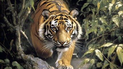 Tiger in a jungle setting.