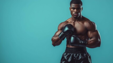 A boxer in gloves stands confidently on a blue background, prepared for a fight.