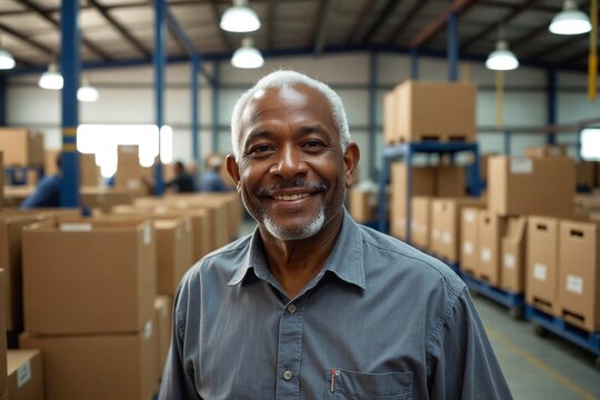 Experienced Senior Black Man in His 50s Smiling in a Beverage Packaging and Bottling Area - Powered by Adobe