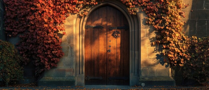 Vibrant autumn leaves adorn an old stone door