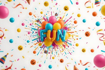 Colorful explosion of balloons, confetti, and emojis