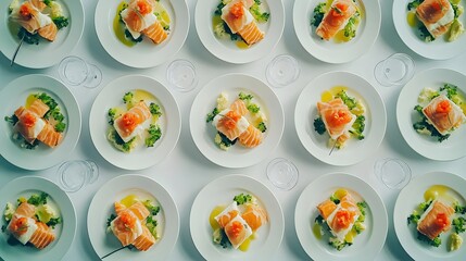 Beautifully arranged plated salmon dishes with broccoli.