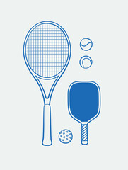 Hand-drawn tennis racket and Pickleball Paddle and balls. Line art, ink, minimalist style. Vector illustration. Sport collection.