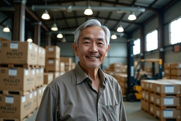 Fototapeta premium Gentle Smiling Senior Asian Man in His 50s in a Brewery Warehouse with Pallets of Beer Cases
