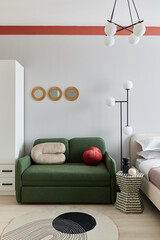Contemporary Modern Living Room featuring a Green Sofa paired with Stylish Decor Elements