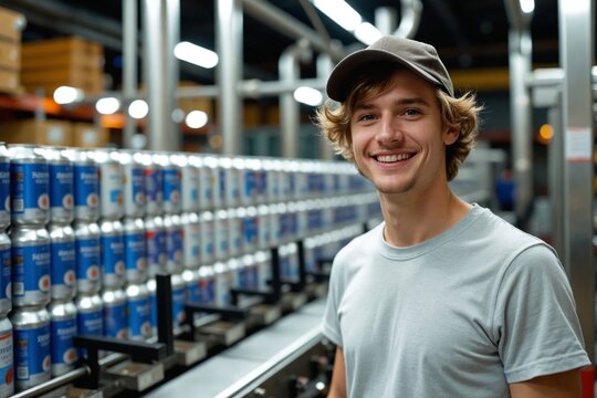 Brightly Smiling Young Caucasian Man in His 20s Working at a Brewery Canning Line