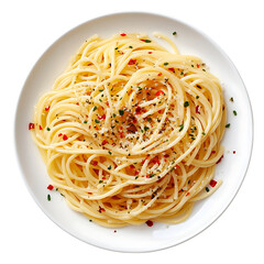 A plate of spaghetti with garlic, pepper, and chili flakes, isolated on transparent background