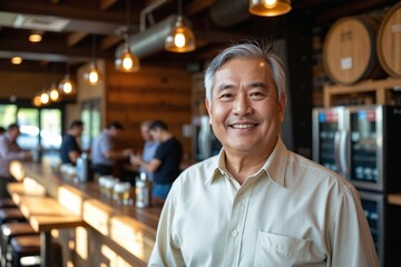 Welcoming Senior Asian Man in His 50s Smiling in a Brewery Tasting Room with a Wooden Bar and Beer Taps