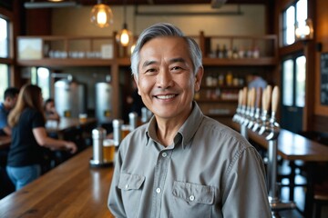 Welcoming Senior Asian Man in His 50s Smiling in a Brewery Tasting Room with a Wooden Bar and Beer Taps