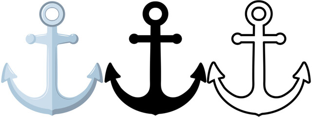 Anchor flat vector in colour, silhouette and outline versions, maritime graphic element