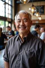 Fototapeta premium Warmly Smiling Senior Asian Man in His 60s in a Brewery Tasting Room with a Wooden Bar and Beer Taps