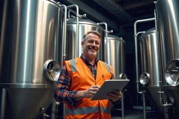 Proud Caucasian Brewer in His 40s Using a Tablet in Front of Brewery Fermentation Tanks