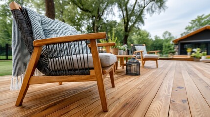Modern wooden terrace showcases stylish black rattan armchairs, soft blanket, lanterns, and lush plants in a serene summer evening setting