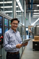 Fototapeta premium Asian Male Technician in His 30s Using a Tablet by a High-Tech Brewery Control Panel
