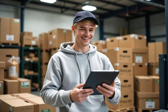 Young Caucasian Warehouse Worker Using a Tablet in a Brewery Packaging and Distribution Area