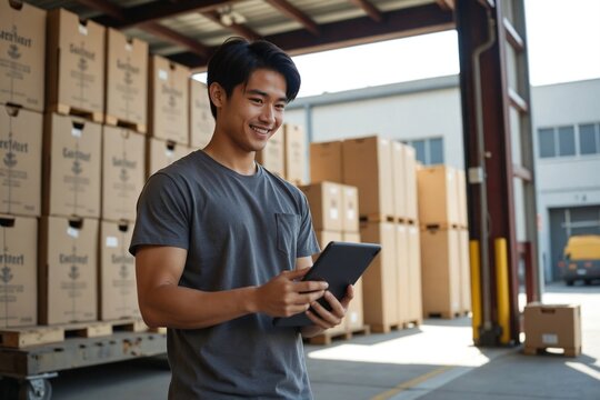 Brightly Smiling Young Asian Man Using a Tablet for Logistics at a Brewery Loading Dock