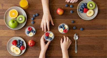 Two hands reaching for fruit bowls with berries on wooden table  