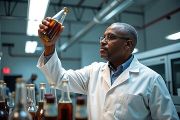Male Quality Control Specialist Inspecting Beer Clarity by Holding a Bottle to a Bright Light
