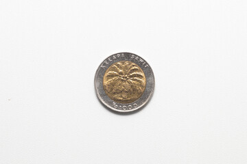 bi-metallic Indonesian 1000 Rupiah coin, featuring a palm oil tree, rests on white surface