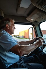 Experienced Male Truck Driver in His 50s Driving a Brewery Delivery Truck Through an Industrial Area
