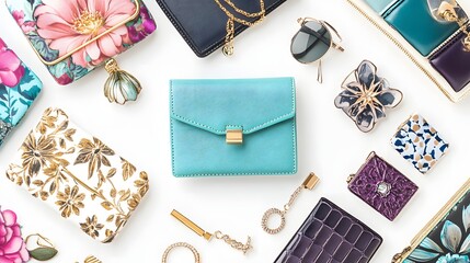 Assorted colorful purses and accessories arranged on a white surface.