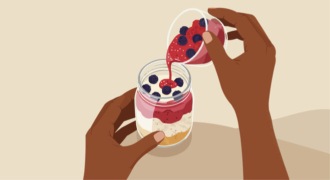 Hands pouring berries into glass dessert in flat vector art style  