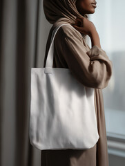 White Tote Bag Carried by an Elegant Muslim Woman