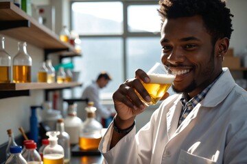 Fototapeta premium Young Black Male Brewer Smiling While Tasting a Golden Beer Sample in a Brewery Lab