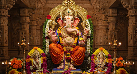Fototapeta premium Ornate statue of Ganesha, Hindu deity, seated on a golden throne, surrounded by floral decorations and lamps.