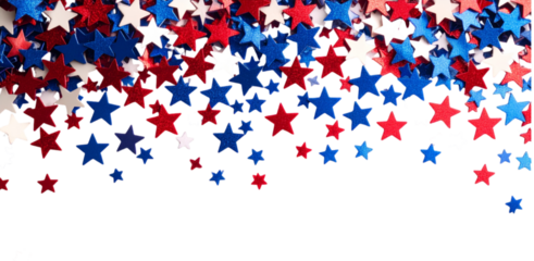 American flag-themed, star-shaped confetti falling from above; isolated on a transparent background; PNG