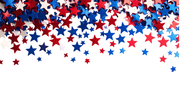 American flag-themed, star-shaped confetti falling from above; isolated on a transparent background; PNG