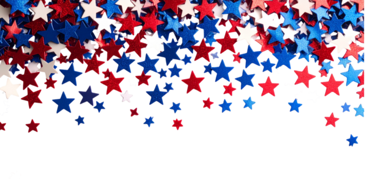 American flag-themed, star-shaped confetti falling from above; isolated on a transparent background; PNG