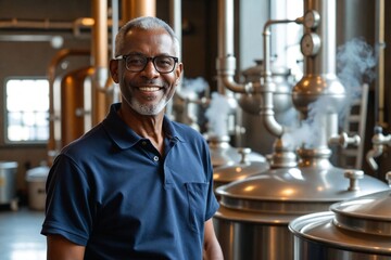 Experienced Senior Black Brewmaster in His 50s Beaming Warmly by a Brewing Kettle in a Busy Brewery