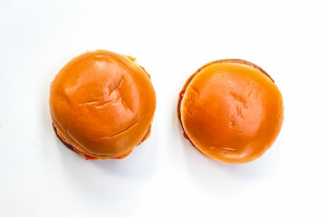 top view of hamburgers isolated on white background