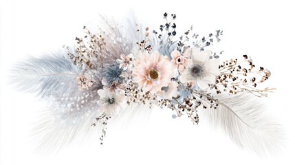 Delicate and ethereal floral and feather arrangement with soft pastel-hued flowers in light pink and white tones, featuring a prominent pink flower at the center with gently unfurling petals and a gol
