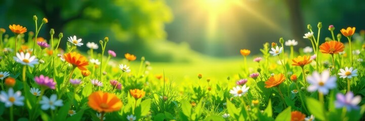 Fototapeta premium Emerald meadow, vibrant wildflowers, sunlit tapestry, kaleidoscope, tranquil