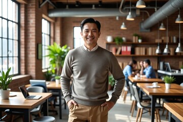 Fototapeta premium Friendly Middle-Aged East Asian Professional in His 40s in a Bustling Co-working Space