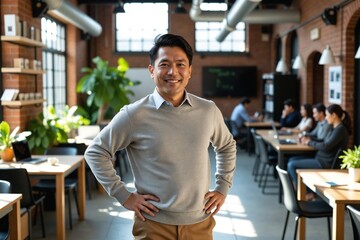 Obraz premium Friendly Middle-Aged East Asian Professional in His 40s in a Bustling Co-working Space