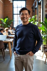 Fototapeta premium Friendly Middle-Aged East Asian Professional in His 40s in a Bustling Co-working Space